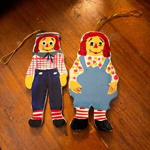 Vintage Raggedy Ann & Raggedy Andy Wooden Christmas Ornaments